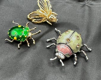 Set of 3 Insect Pins, All Unsigned, Ladybug, 1 5/8” x 1.75”, Green Enamel Beetle, 1.25” x 1”,  Gold Tone Bee/Wasp, 1.25” x 1.25”
