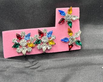 Two Sets of B David Vintage Earrings, Clip on Stars and Screw Back Flowers or Snowflakes, On Silver Tone Metal with Colorful Rhinestones