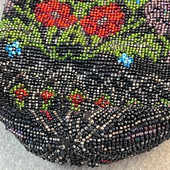 Glass Beaded Reticule Handbag, Red Flowers on a B… - image 5