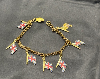 Vintage Charm Bracelet Featuring British Union Jack Flags, Enamel, 7” Long