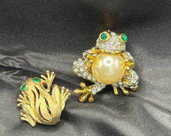 2 Frog Pins, Brushed Gold Tone Crown Trifari with Green Eyes, 1” Square and Gold Tone Rhinestone Covered Frog with Faux Pearl 1.25” x 1”