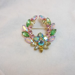 Large Gold Tone Brooch with Pink, Green, and Yellow AB Rhinestones, Round and Navette Stones, Sparkling