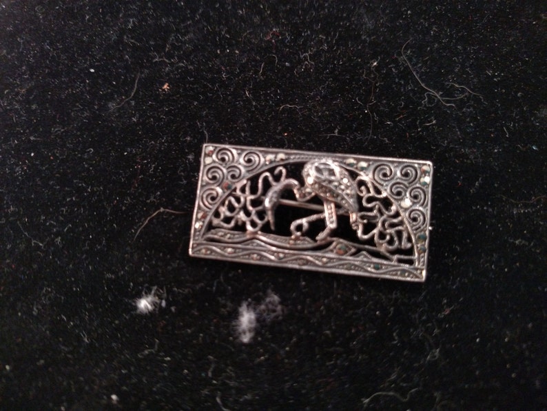 German Sterling Marcasite Brooch with Stork or Egret