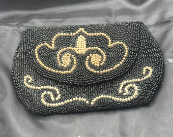 Black Beaded Clutch Purse with Faux Pearls, Missing Some Beads, Snap Closure,  Black Linen Lining,  5.75” x 4”