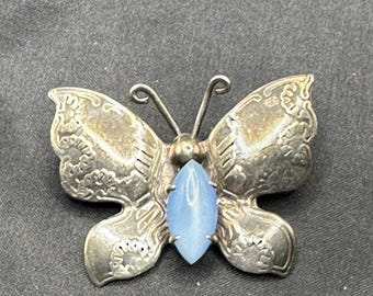 Butterfly Brooch with Blue Cat’s Eye Cabochon, Marked Silver Mexico, Detailed Work on Wings, 1.5” x 1 1/8”