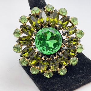 Shades of Green Brooch, Large, 2 Inches in Diameter, Gold Tone Metal, Round and Navette Rhinestones, Unsigned