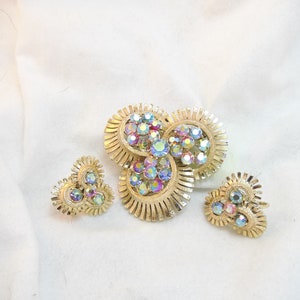 CORO Set, Brooch and Screw On Earrings, Blue, Red and Pink AB Rhinestones, Gold Tone Metal, Mint Condition