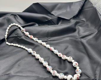 Japanese Tombo Beaded Necklace, Colorful Hand Painted Beads on White Background and Plain White Beads, 23” Long, 12mm Beads and Smaller