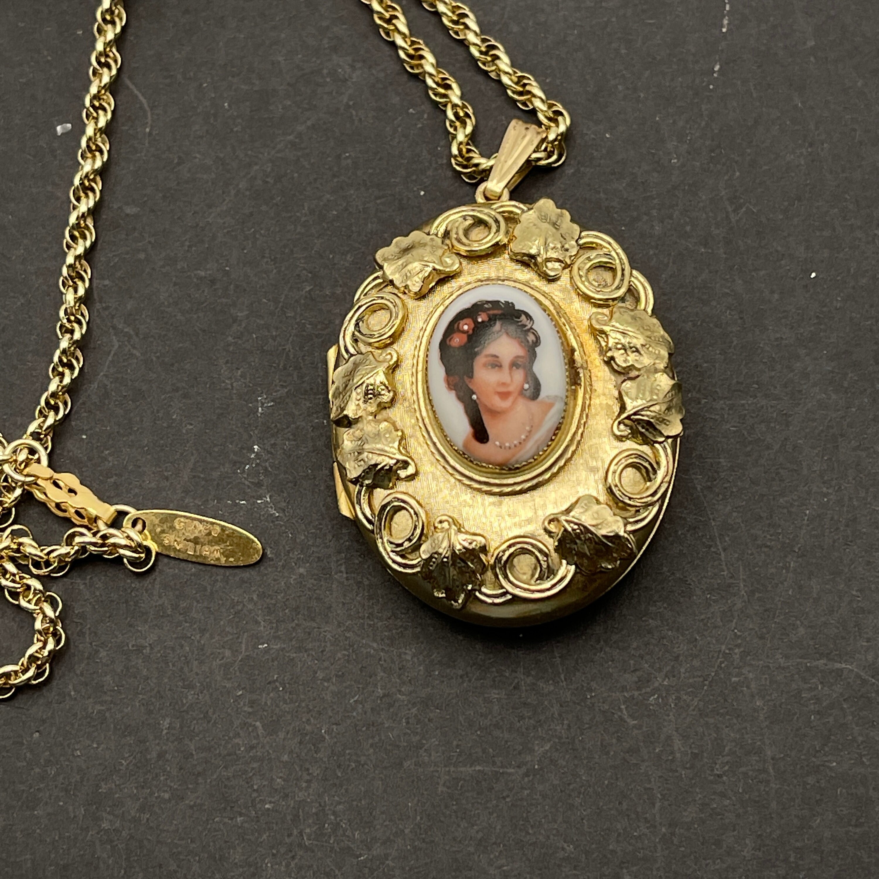 Whiting and Davis Pendant, Oval Locket, Portrait of Woman on