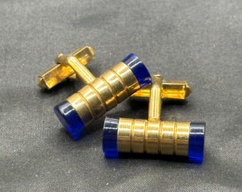 Swank Barrel Cuff Links, Blue Lucite set in 12K Gold Filled Metal, Mid-Century, Barrels 7/8” Long, 3/8” Wide, .25” Deep