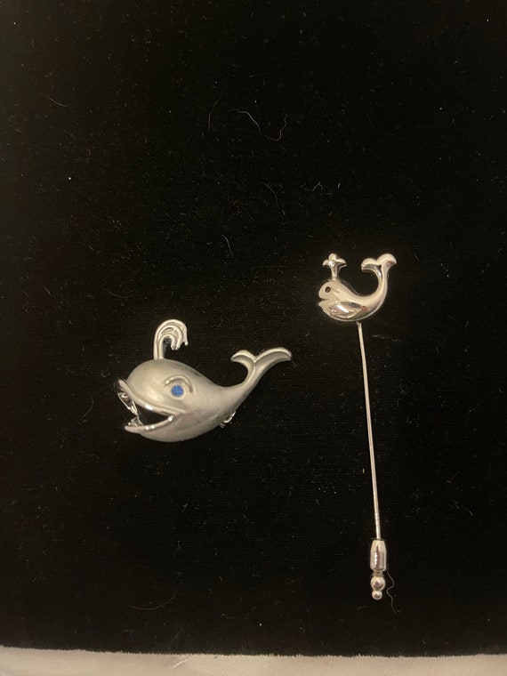 Set of Two Silver Tone Whale Pins, Stick Pin by Cr