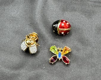 Set of 3 Insect Pins All .75” or Smaller, Joan Rivers Rhinestone Butterfly, MFA Enamel Ladybug, Swarovski Ladybug, All Gold Tone Metal