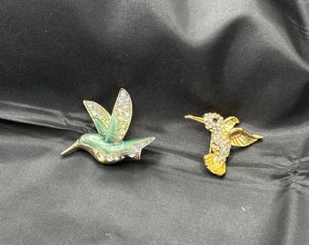 Set of 2 Hummingbird Pins, Both with Clear Rhinestones, Green Enamel Silver Tone  is Liz Claiborne, Gold Tone Unsigned
