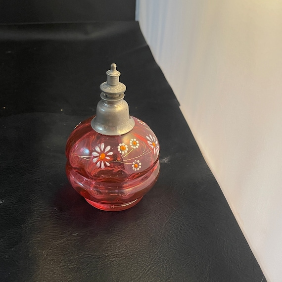Antique Cranberry Glass Perfume Bottle with Hand … - image 1