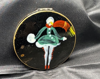 Reich-ash Art Deco Antique Makeup Powder Compact, Winter Dressed Woman on Black Background, Mirror and Puff, 2.5” in Diameter
