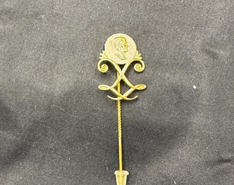 Vintage, 1950s, Swedish Stick Pin Made by Sporrong & Co, Gold Plated, Profile of Pehr Henrik Ling, Original Box, 2 1/8” Long, .75” Wide