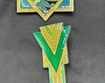 Set of 2 Green and Gold Pierre Bex Styled Art Deco Revival Brooches, Unsigned, Featuring Triangle and Rectangle Shapes