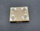 Rectangle Compact, 2.75 x 2.5 Inches, Gold Tone, Layer of Faux Pearls, With MOP Flowers and Clear Rhinestones, Mirror and Puff, Unsigned