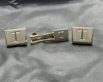 Hickok Gold Tone Cuff Links and Tie Clip Set, Monogrammed with the Letter T, Cuff Links .75”Square, Tie Clip 1 3/8” Long x 3/8”