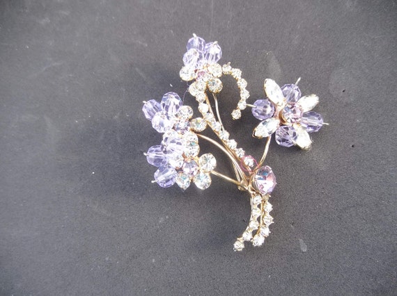 Floral Bouquet Brooch, Gold Tone Metal, Clear and… - image 3