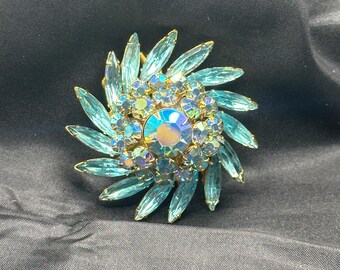 Judy Lee Aqua Rhinetone Brooch, Floral Theme, Raised Dome of AB Round Rhinestones Surrounded by Angled Navettes, 1.75” Diameter
