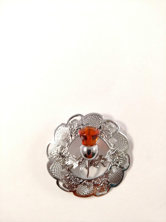 Mizpah Thistle Pin, Scottish Theme, Amber Colored… - image 1
