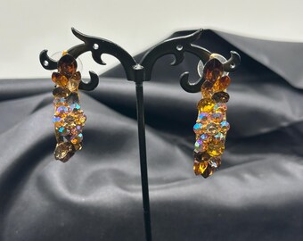 Stunning Gold Tone Pierced Post Earrings with Shades of Topaz Rhinestones with AB Finish, Super Sparkling, 2 1/8” Long, .5” Wide