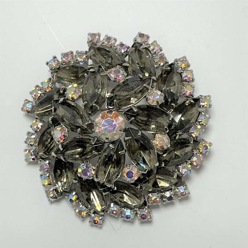 Large Domed Layered Brooch Black Navette Rhinestones Clear Etsy