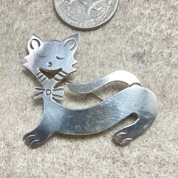 Sterling Silver Cat Brooch, Made in Taxco, Mexico… - image 1