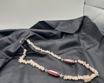 Beautiful Rose Quartz Beaded Necklace with Large Pink Glass Barrel Beads, Faceted, and Crystal Spacer Beads, Fishook Clasp, 24” Long