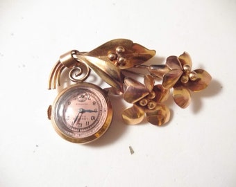 Lonville Extra Brooch Watch, Mechanical, 17 Jewels, Two Dials, 12K Gold Filled, Works, Floral Theme, Art Nouveau