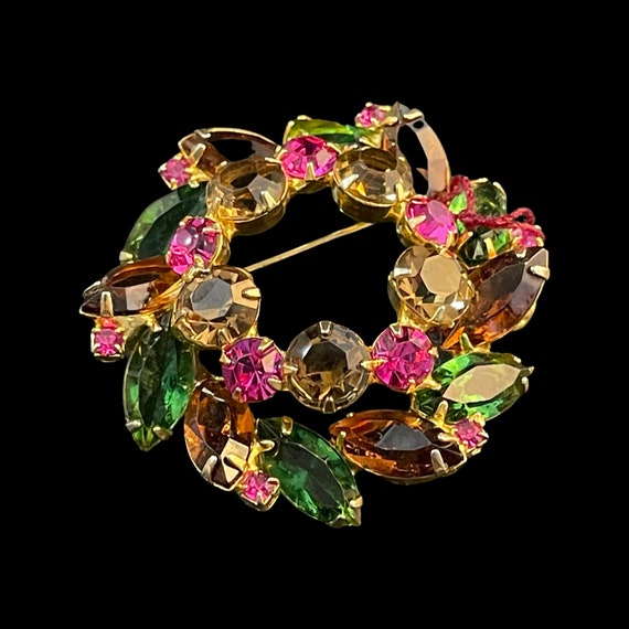 Colorful and Layered Wreath Brooch, Pink, Green, … - image 1