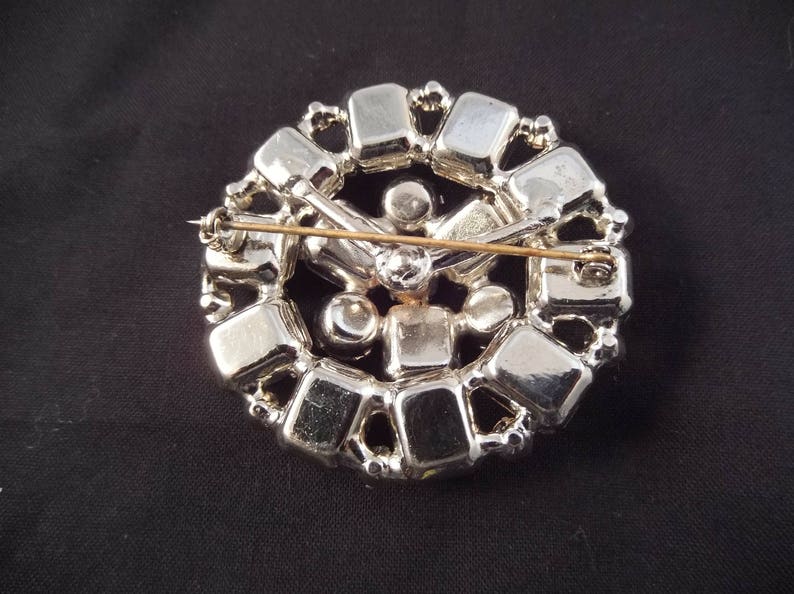 Prong Set in Silver Tone Metal Rounds and Emerald Cut Rhinestone Brooch Large Layered Clear Unsigned