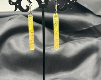 Yellow Uranium Glass Drop Pierced Earrings, Silver Tone Ear Hooks, 2.5” Long, .25” Wide