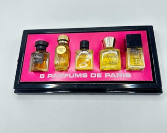 Box of 5 Perfumes from Paris, Sample Sizes, Gift Set, Box Measures 5.75” x  2 7/8” x 1”, See Description for Details