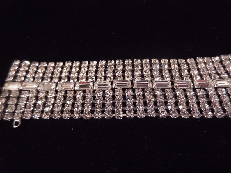 Brilliant Baguette and Round Rhinestones Safety Chain Slide Clasp Silver Tone Metal Wide Clear Rhinestone Bracelet
