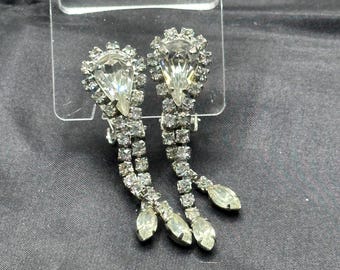 Sparkling Rhinestone Weiss Earrings, Clip On, Prong Set, Silver Tone Metal, With Dangles, 1.75” long