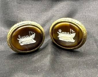 Dante Gold Tone Oval Cufflinks Featuring a Greek Bireme Galley Ship Cameo Carved from Incolay Stone, White on Brown Background, 1 1/8” x 78”