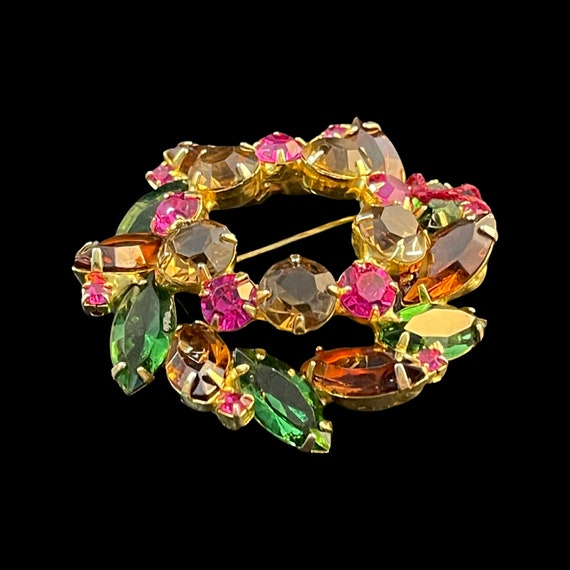 Colorful and Layered Wreath Brooch, Pink, Green, … - image 2