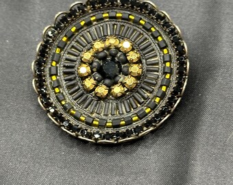 Signed Circular Brooch, Black and Gold Beads and Rhinestones, Can Be Worn as a Pendant, 1.5” Diameter, Mourning Brooch
