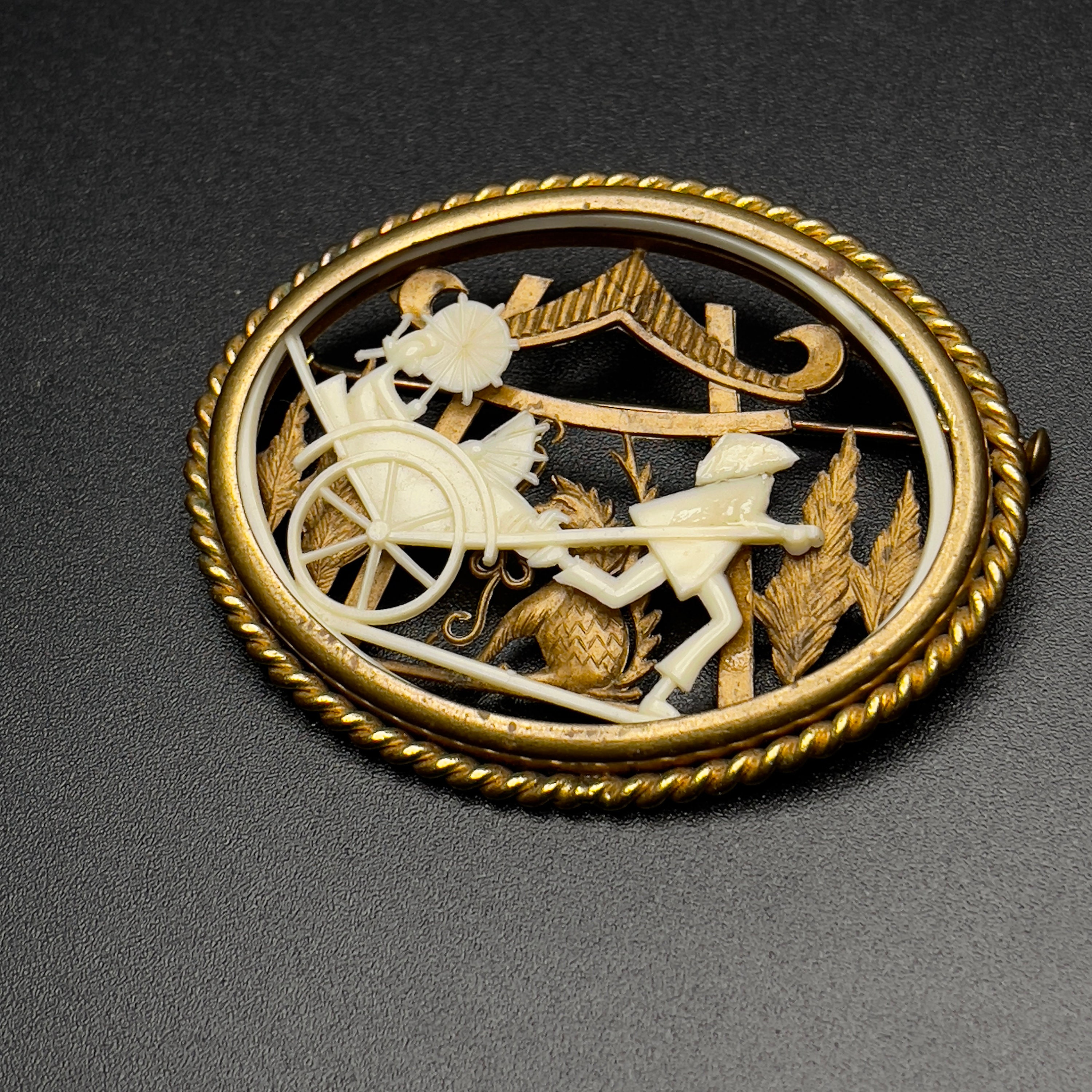 MySimpleDistractions Depose France Oval Brooch Antique Celluloid Two Panels Asian Themed Gold Tone Metal Trombone Clasp Antique