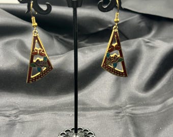 Gold Tone and Cloisonné Enamel Earrings, Floral and Butterfly Theme, Triangular Shaped, Red and Other Colors, 2 3/8” Long, 1” Wide