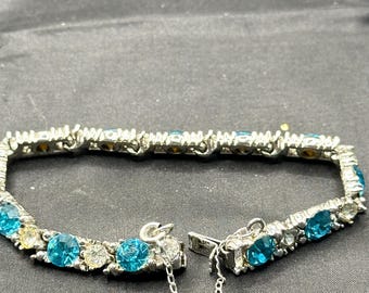 Vintage Bogoff Rhinestone Tennis Bracelet, Rhodium-plated Silver-tone Setting with Aqua-Blue and Clear Rhinestones, 7” Long, .25” Wide