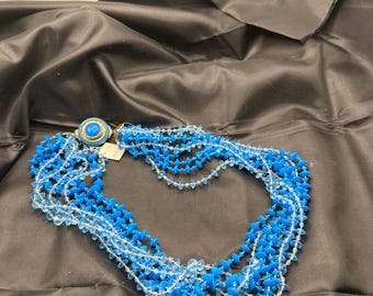 Coro Pegasus 8 Strand Necklace, Dark and Light Aqua, Turquoise Plastic Bicone, Tiny Round Beads, Fancy Slide Clasp, Original Tag, 21.5” Long