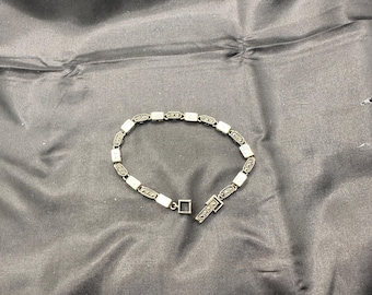 Sterling Silver Marcasite and Mother of Pearl Bracelet, Rectangle Links, 7” Long, 1/8” Wide, Fold Over Clasp