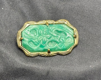 Antique Peking Carved Green Glass Brooch, Art Deco Design with a Floral Theme,  C Clasp, 1 5/8” X 1”, Unmarked Metal