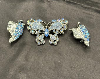 Blue Rhinestone Jewelry Set, Butterfly and 2 Leaves Brooches, Silver Tone Metal, Butterfly 2” x 1.5”, Leaves 1.25” x 1”