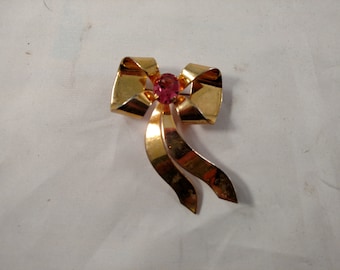 Large Ribbon Brooch, Gold Tone, Pink Rhinestone, Marked Sterling