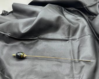 Black and Brown Bohemian Bead Victorian Hat Pin, 8.25” Long, 1” Long Bead with Bead Caps