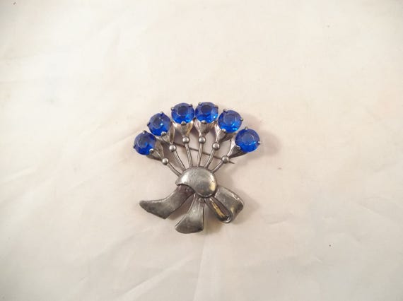 Blue Rhinestone Brooch Pendant, Bouquet, Has Unre… - image 1